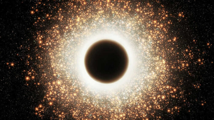 A black hole surrounded by bright glowing stars