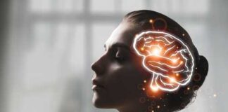 Profile silhouette of a woman with a glowing brain illustration